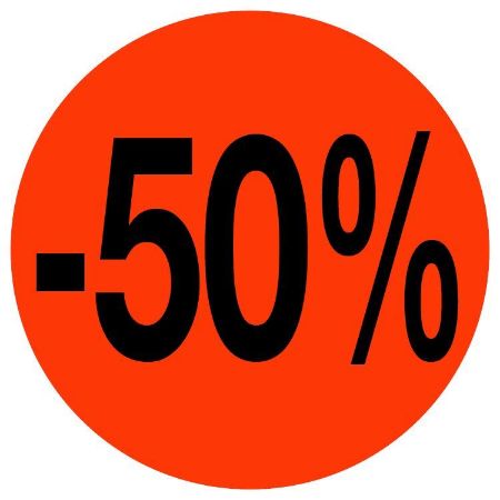 Kortingssticker -50% 35mm, permanent, fluor rood