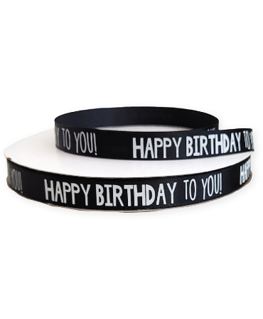 KP® Satijn lint 10mm - Happy Birthday to you, zwart 100m