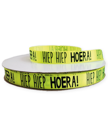 KP® Satijn lint 10mm - Hiep Hiep Hoera, geel 100m