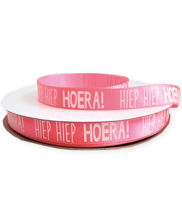KP® Satijn lint 10mm - Hiep Hiep Hoera, roze 100m