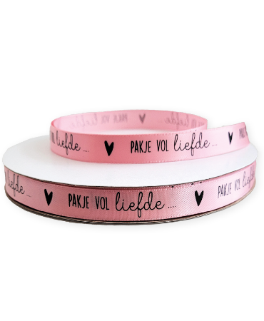 KP® Satijn lint 10mm - Pakje vol liefde, roze 100m