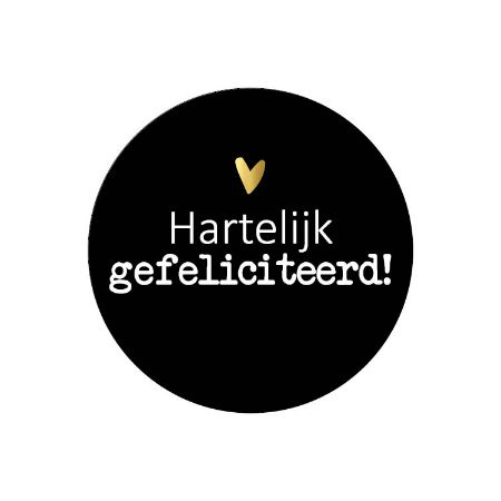 Sticker rond 40mm - Hartelijk gefeliciteerd zwart 250p/r