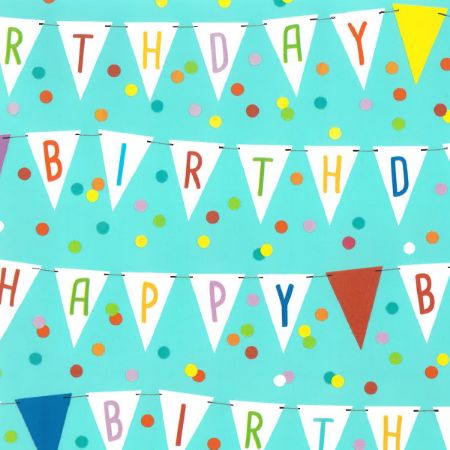 Afbeeldingen van Coated papier 30cm 200m - Happy birthday flags aqua