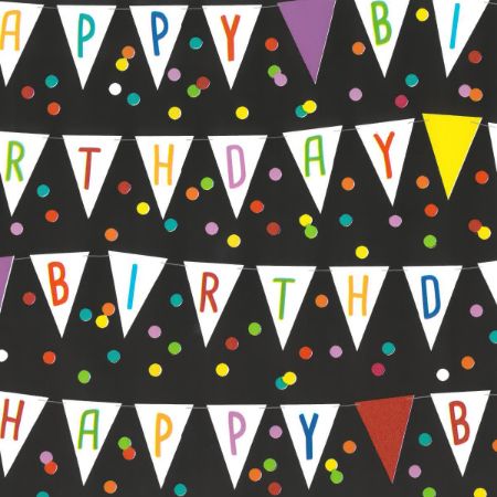 Afbeeldingen van Coated papier 30cm 200m - Happy birthday flags black