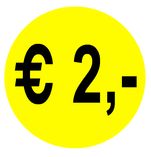Actie sticker euro 2,- 35mm rond, permanent kortingssticker, korting stickers