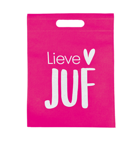 Non woven tas - Lieve juf Roze/Wit - 30x39cm, 10 stuks non woven tas, nonwoven tas, tassen, bedrukte tassen