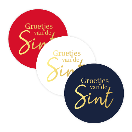 Sinterklaas sticker Groetjes van de Sint rood wit blauw – 3 varianten – D40mm