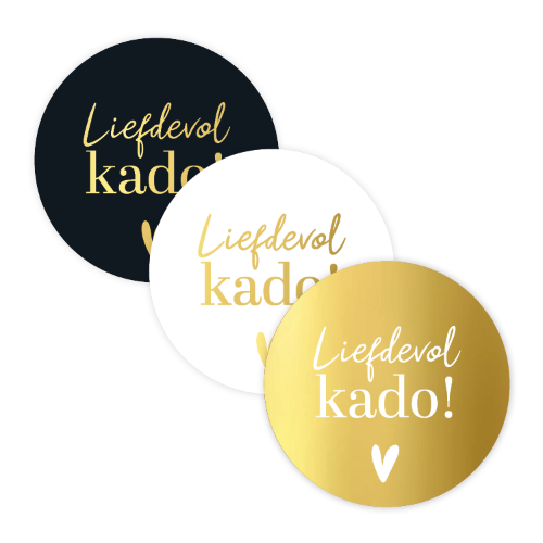 KP® Stickers D40mm - Liefdevol kado + hart (3 varianten) 250p/r Cadeausticker Liefdevol kado met hart – Zwart, wit en goud – D40mm