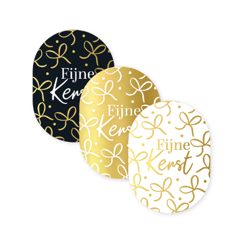 KP® Stickers 43x59mm - Fijne kerst zw/wi/goud (3 varianten) 250p/r Kerststicker Fijne kerst zwart wit goud met strikjes – 3 varianten – 43x59mm