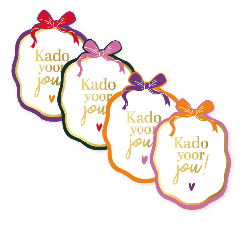 KP® Stickers 40x54mm - Kado voor jou (4 varianten) 250p/r Cadeausticker ‘Kadoo voor jou’ met hart – 4 varianten – D50mm