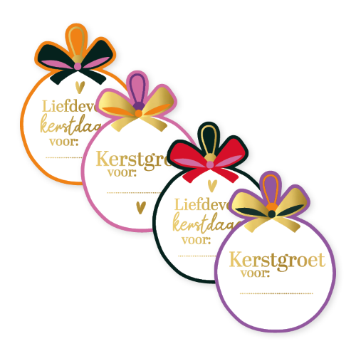 KP® Stickers 44x58mm - Kerstbal met kerstgroet (4 varianten) 250p/r Kerst sticker kerstbal met Kerstgroet – 4 varianten – 44x58mm - Cadeaustickers