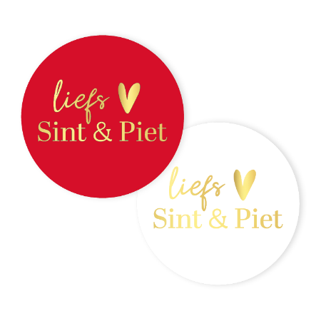 Sinterklaas sticker ‘Liefs Sint & Piet’ – Rood en wit met goud – D40mm