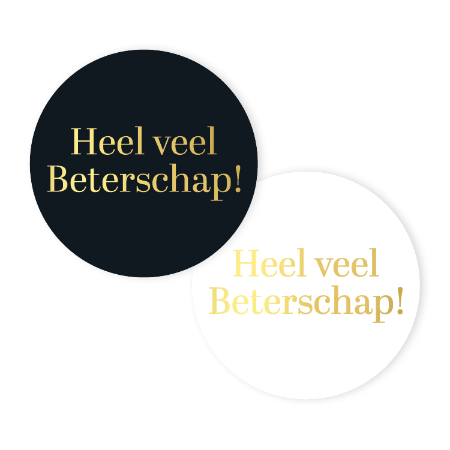 Beterschap sticker ‘Heel veel beterschap’ – zwart en wit met goud – D40mm