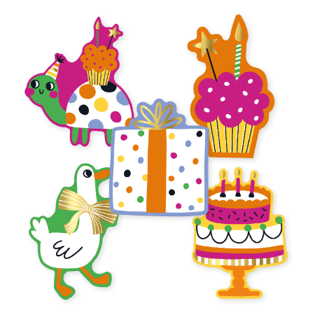 Verjaardag stickers schildpad, kado, gans en taart – 5 varianten – 40x44mm