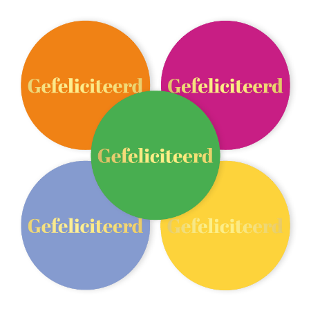 Stickers ‘Gefeliciteerd’ – 5 kleurenvarianten – D40mm