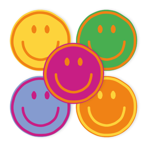 KP® Stickers 39x39mm - Smileys div. kleuren (5 varianten) 250p/r Smiley stickers – 5 kleurenvarianten – 39x39mm