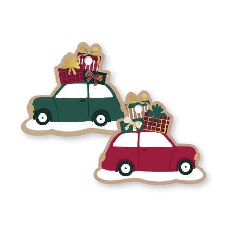 Dubbelzijdig cadeaulabel auto met cadeau – 63 × 53 mm - Kerstsfeer