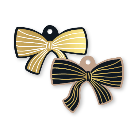 Dubbelzijdig cadeaulabel strik zwart en goud – 68 × 53 mm