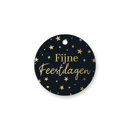 Ronde cadeaulabel Fijne feestdagen zwart met sterren – D60 mm