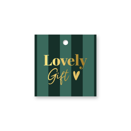 Vierkant cadeaulabel Lovely gift – Groen/donkergroen gestreept - 60x60mm