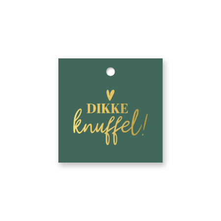 Vierkant groen cadeaulabel Dikke knuffel in goud – 60 × 60 mm