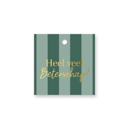 Cadeaulabel - Heel veel beterschap - groen gestreept - 60x60mm