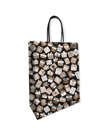 Zwarte papieren tasje met cadeautjesprint 22x31cm - Bedrukte tas