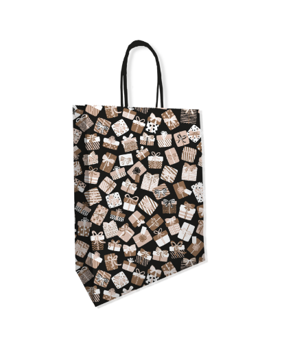 KP® Papieren tas - Cadeautjes 22+10x31cm 50st Zwarte papieren tasje met cadeautjesprint 22x31cm - Bedrukte tas