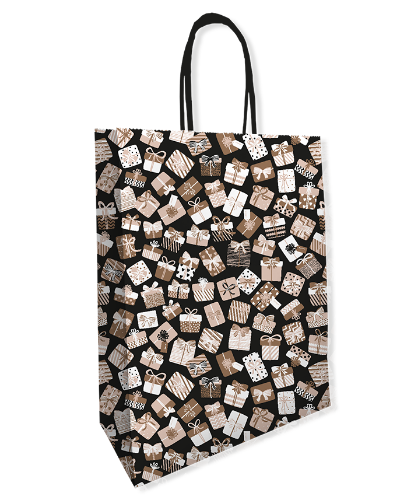 KP® Papieren tas - Cadeautjes 26+12x35cm 50st Zwarte papieren geschenktas met cadeauprint 26x35cm