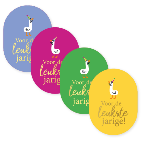 KP® Stickers 43x59mm - Voor de leukste jarige (4 varianten) 250p/r Verjaardagssticker ‘Voor de leukste jarige’ met illustratie – 4 varianten – 43x59mm - Cadeaustickers
