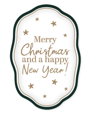 Raamsticker 40x60cm, zwarte kader met transparante achtergrond en gouden sterretjes, tekst “Merry Christmas and a happy new year!”, raamstickers feestdagen