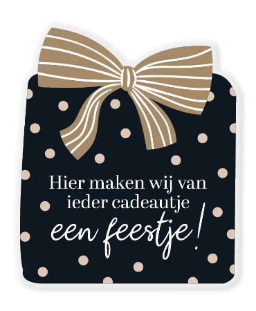 Raamsticker met vrolijke tekst over feestelijke cadeaus, ideaal voor winkels.
