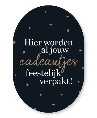 KP® Raamsticker 40x60cm - Hier worden al jouw cadeautjes feestelijk verpakt! Raamsticker 40x60cm ovale vorm, zwarte achtergrond met gouden sterretjes, tekst "Hier worden al jouw cadeautjes feestelijk verpakt!" raamdecoratie Kerst, voor cadeau-inpak sfeer