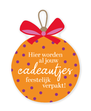 Raamsticker in de vorm van een kerstbal met vrolijke verpakkingstekst voor feestelijke etalages.