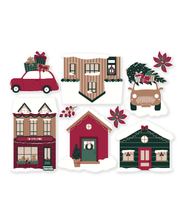 Close up 1 - Raamstickers div. maten, verschillende kersthuisjes, raamdecoratie kerst, raamstickers feestdagen winkel