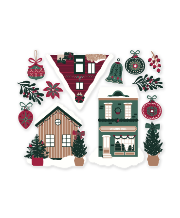 Close up 2 - Raamstickers div. maten, verschillende kersthuisjes, raamdecoratie kerst, raamstickers feestdagen winkel