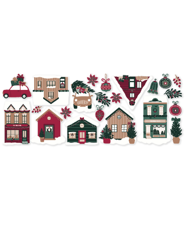 Originele afbeelding - Raamsticker met kersthuisjes, auto's, Ornaments en boompjes voor winterse sfeer.