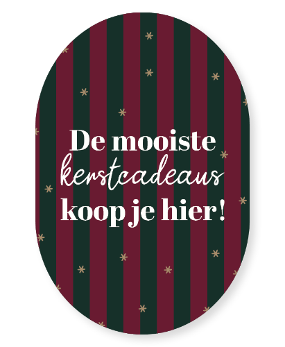 KP® Raamsticker 40x60cm -  De mooiste kerstcadeaus koop je hier Raamsticker 40x60cm ovale vorm, kerstkleuren achtergrond, witte tekst "De mooiste kerstcadeaus koop je hier" voor winkelramen en kerstdecoratie