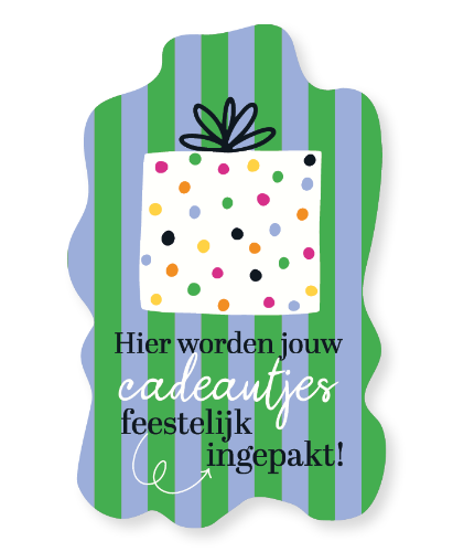 KP® Raamsticker 38x60cm - Hier worden jouw cadeautjes feestelijk ingepakt Raamsticker 38x60cm met cadeautje en blauw/groene gestreepte kader, tekst "Hier worden jouw cadeautjes feestelijk ingepakt" voor winkels raamdecoratie