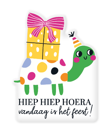 Transparante raamsticker 38x50cm met schildpad en cadeautje, tekst "Hiep Hiep Hoera vandaag is het feest!" ideaal voor verjaardagsramen