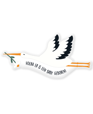 Raamsticker 50x25cm met vliegende stork en tekst "Hoera er is een baby geboren!" voor geboorte-aankondiging op ramen