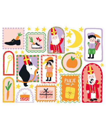 Raamsticker met vrolijke Sinterklaas- en Piet-illustraties.