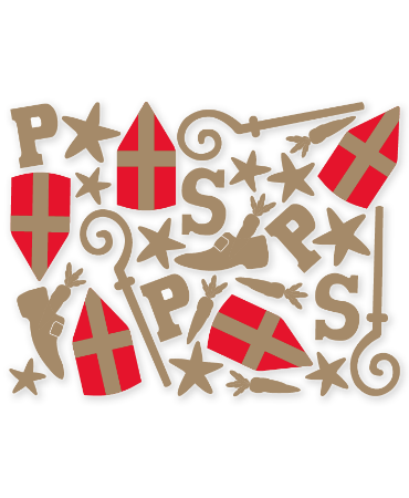 Sinterklaas Raamsticker met vrolijke mijter- en Sinterklaasdecoraties in rood/goud.
