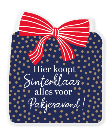 Raamsticker in de vorm van een cadeautje met pakkende tekst voor Sinterklaasverkoop.