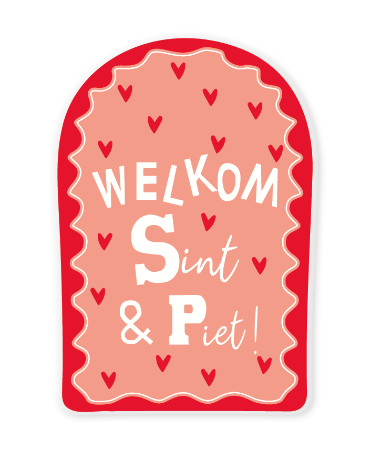 Raamsticker 35x50cm, rode kader met hartjes en witte tekst “Welkom Sint & Piet!”, feestelijke Sinterklaas raamdecoratie