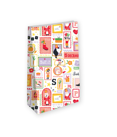 Kraft papieren Sinterklaaszak met Pieten en Sinterklaas illustraties, 25 stuks, 14+8x26cm