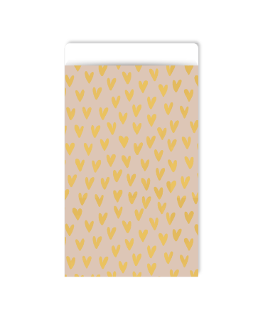 Beige cadeauzakje met gouden hartjes - 7x13cm