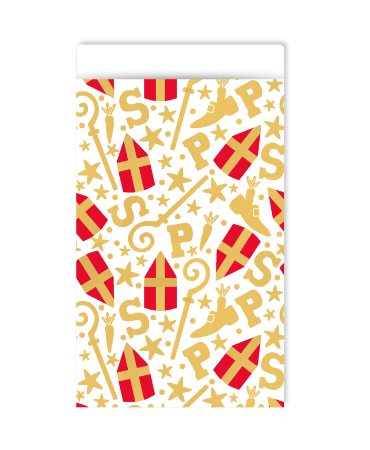 Wit Sinterklaas cadeauzakje met goud/rode illustraties - 12x19cm