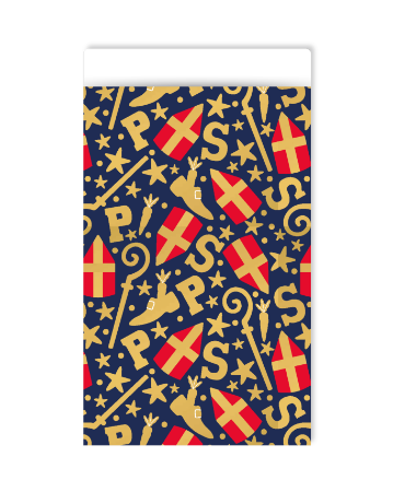Blauw sinterklaas cadeauzakje met gouden illustraties - 12x19cm