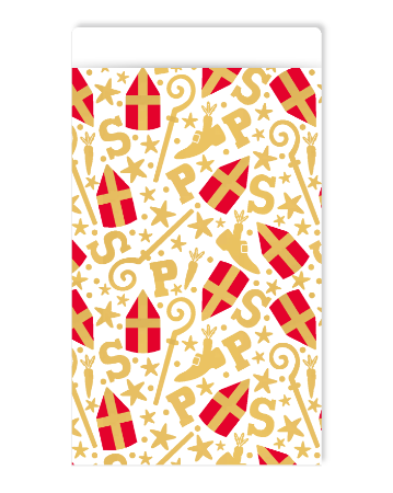 Wit Sinterklaas zakje met gouden mijter print - 17x25cm